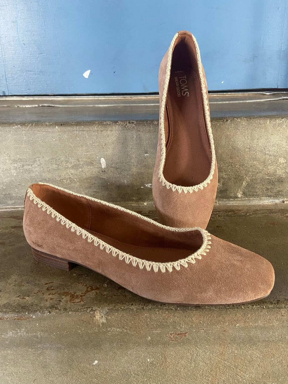 TOMS Briella suede ballet style flat with whipstitching- Brown Sugar colorway